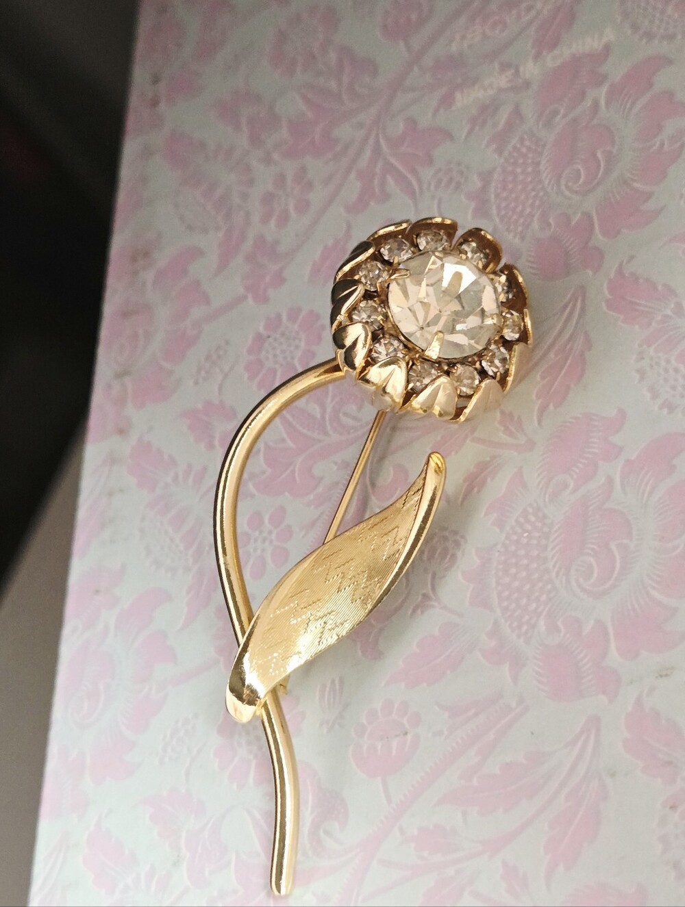 Vintage Gold-Tone Floral Brooch with Clear Crystal - Picture 7 of 17